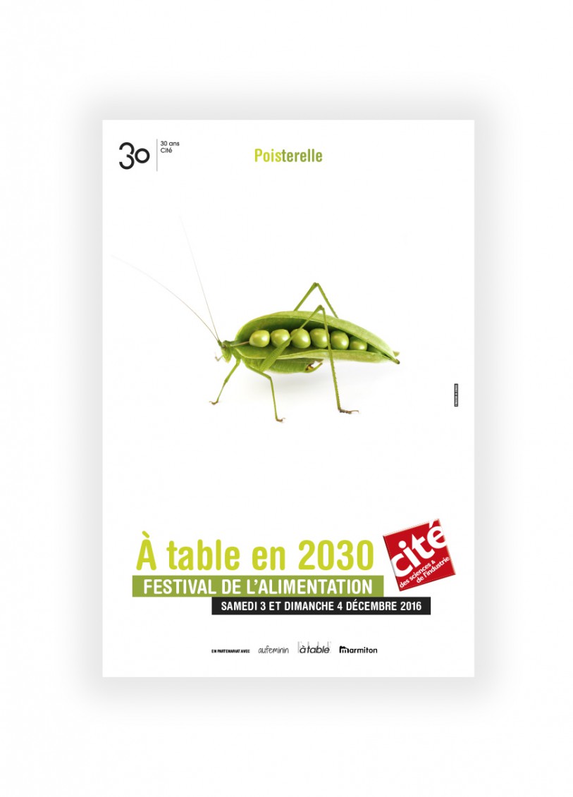 affiche poix sauterelle à table en 2030 festival de l'alimentation cité des sciences